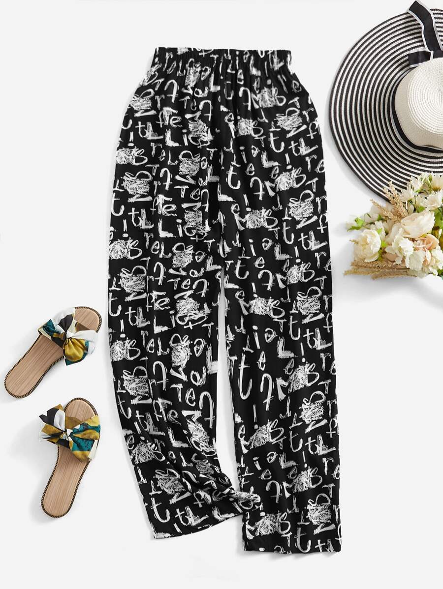 Allover Print Elastic Waist Sleep Trousers - Black - View 1