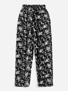 Allover Print Elastic Waist Sleep Trousers - Black - View 2
