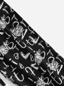 Allover Print Elastic Waist Sleep Trousers - Black - View 5