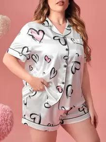 Plus Heart Print Contrast Piping Satin PJ Set - White - View 1