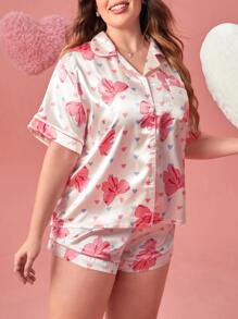 Conjunto de pijama con estampado de corazón y lazo ribete en contraste de satén - Multicolor - Ver 1