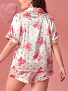 Conjunto de pijama con estampado de corazón y lazo ribete en contraste de satén - Multicolor - Ver 2