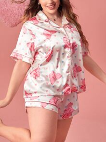 Conjunto de pijama con estampado de corazón y lazo ribete en contraste de satén - Multicolor - Ver 4