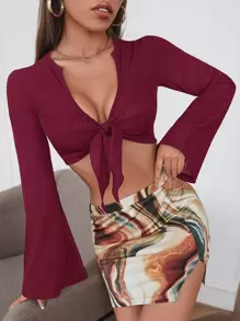 SHEIN Privé 前繫帶荷葉袖短款上衣 - 酒紅色 - 查看 3