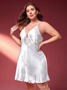 Plus Contrast Lace Satin Cami Nightdress - White - View 4