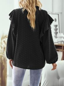 SHEIN LUNE Women's Fashion Casual Round Collar Notched Long Sleeve Shirt - Black - View 2