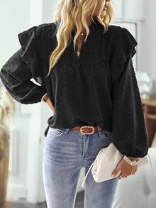 SHEIN LUNE Women's Fashion Casual Round Collar Notched Long Sleeve Shirt - Black - View 5