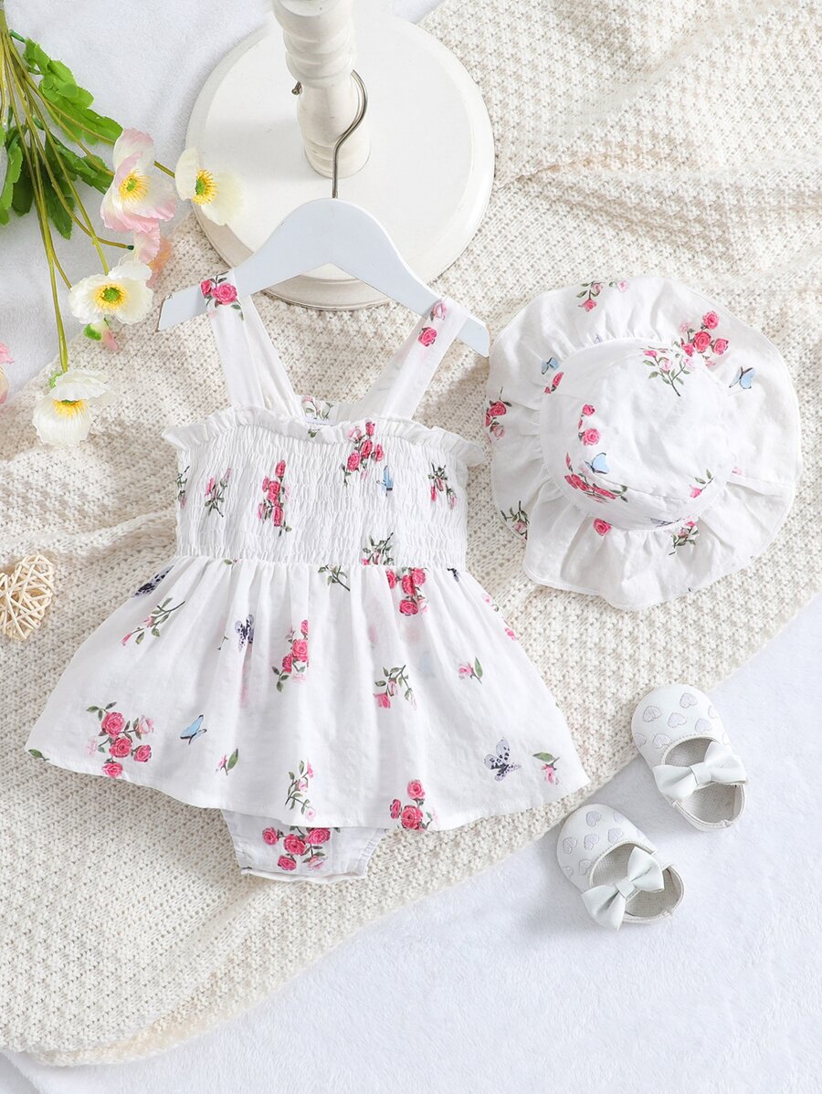 Baby Floral Print Shirred Frill Trim Cami Dress & Hat - White - View 1