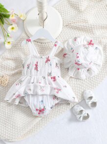 Baby Floral Print Shirred Frill Trim Cami Dress & Hat - White - View 4