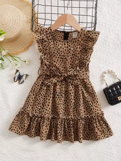 SHEIN Young Girl Young Girl Dalmatian Print Ruffle Trim Belted Dress Dress For Young Girl Girl Brownleopard Dress