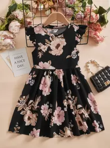 SHEIN 年輕女孩休閒度假花卉印花針織舒適A字裙，蝴蝶袖設計 - 黑色 - 查看 1