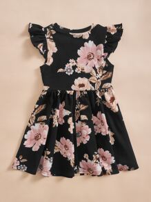 SHEIN 年輕女孩休閒度假花卉印花針織舒適A字裙，蝴蝶袖設計 - 黑色 - 查看 2