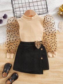 SHEIN Young Girl Contrast Dobby Mesh Puff Sleeve Top & Bow Front Skirt - Multicolor - View 6