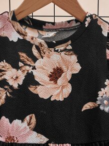 SHEIN 年輕女孩休閒度假花卉印花針織舒適A字裙，蝴蝶袖設計 - 黑色 - 查看 3