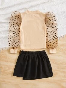 SHEIN Young Girl Contrast Dobby Mesh Puff Sleeve Top & Bow Front Skirt - Multicolor - View 7