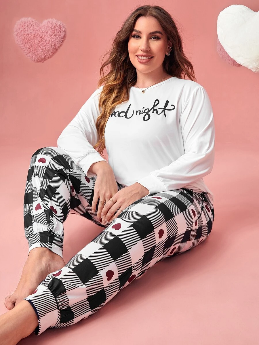 Plus Letter Graphic Tee & Buffalo Plaid Print Trousers PJ Set - Black and White - View 1