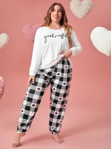 Plus Letter Graphic Tee & Buffalo Plaid Print Trousers PJ Set - Black and White - View 3