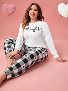 Plus Letter Graphic Tee & Buffalo Plaid Print Trousers PJ Set - Black and White - View 5