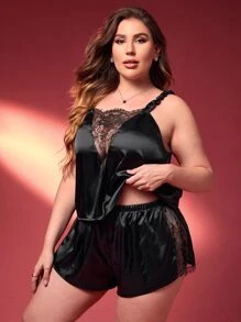 Plus Contrast Lace Satin Cami Top & Shorts PJ Set - Black - View 1