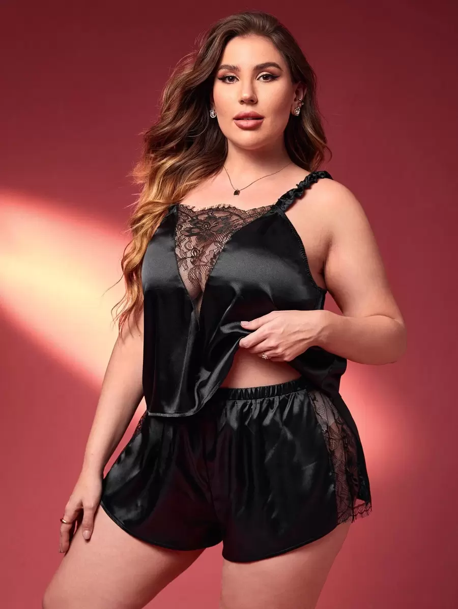 Plus Contrast Lace Satin Cami Top & Shorts PJ Set - Black - View 1