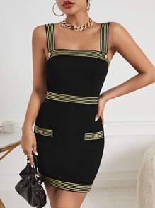 SHEIN Privé Striped Trim Button Detail Cami Dress - Black - View 1