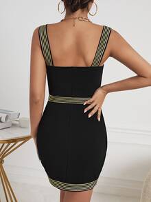 SHEIN Privé Striped Trim Button Detail Cami Dress - Black - View 2