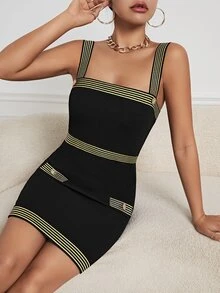 SHEIN Privé Striped Trim Button Detail Cami Dress - Black - View 4