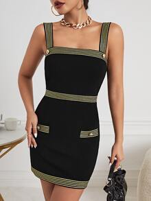 SHEIN Privé Striped Trim Button Detail Cami Dress - Black - View 5