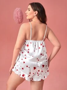 Conjunto de pijama shorts con top de tirantes con estampado de corazón bajo con fruncido de satén - Blanco - Ver 2