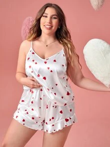 Conjunto de pijama shorts con top de tirantes con estampado de corazón bajo con fruncido de satén - Blanco - Ver 3