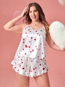 Conjunto de pijama shorts con top de tirantes con estampado de corazón bajo con fruncido de satén - Blanco - Ver 4