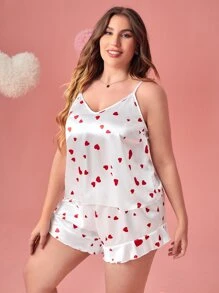 Conjunto de pijama shorts con top de tirantes con estampado de corazón bajo con fruncido de satén - Blanco - Ver 5