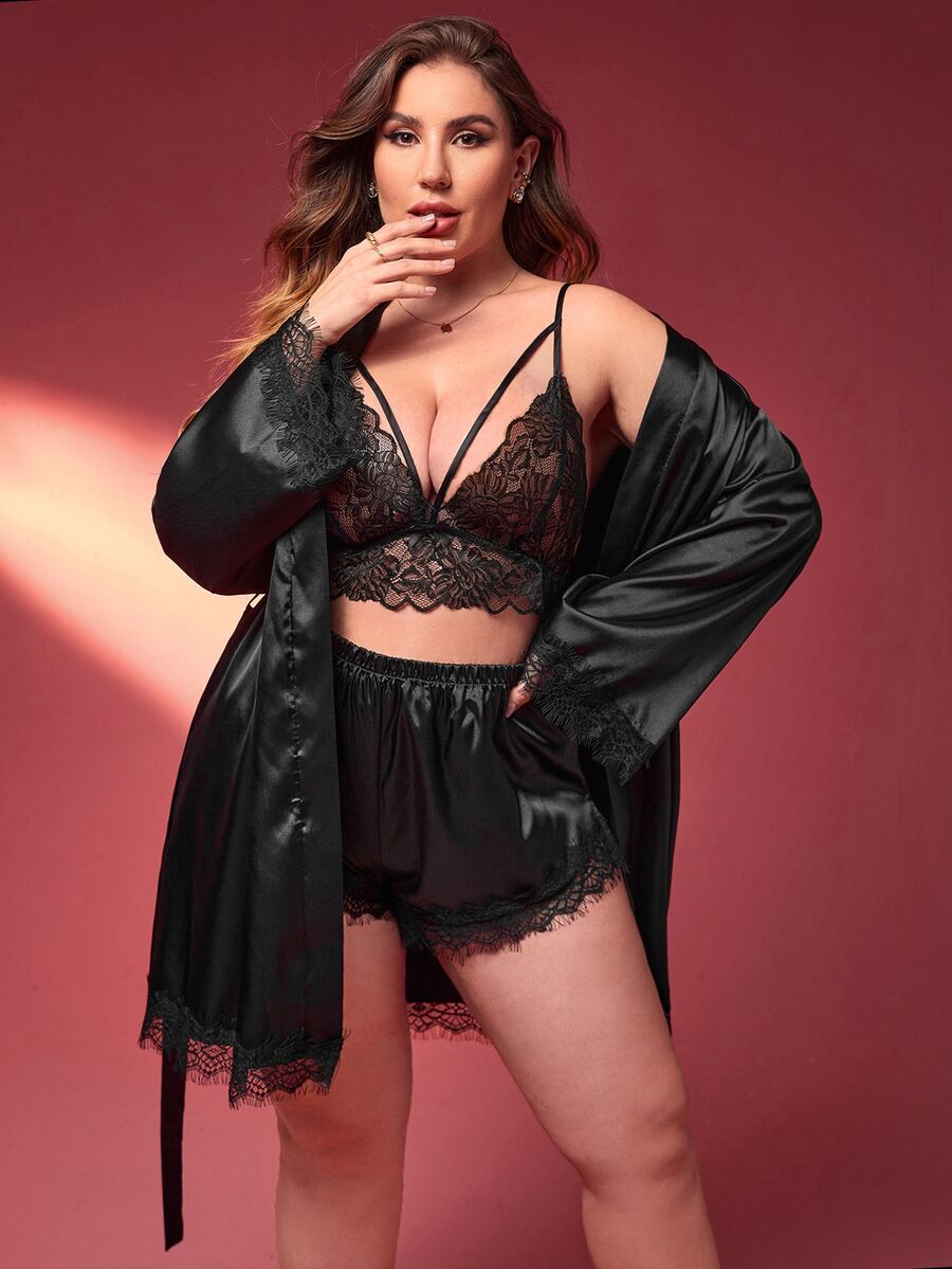 3 piezas Set bata con cinturón panel con encaje de satén - Negro - Ver 1