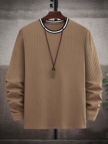 Manfinity 男士條紋飾邊條紋針織T恤無項鏈 - 棕色 - 查看 1