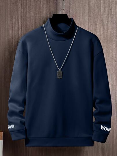 Guys Letter Graphic Mock Neck Drop Shoulder Sweatshirt Without Necklace