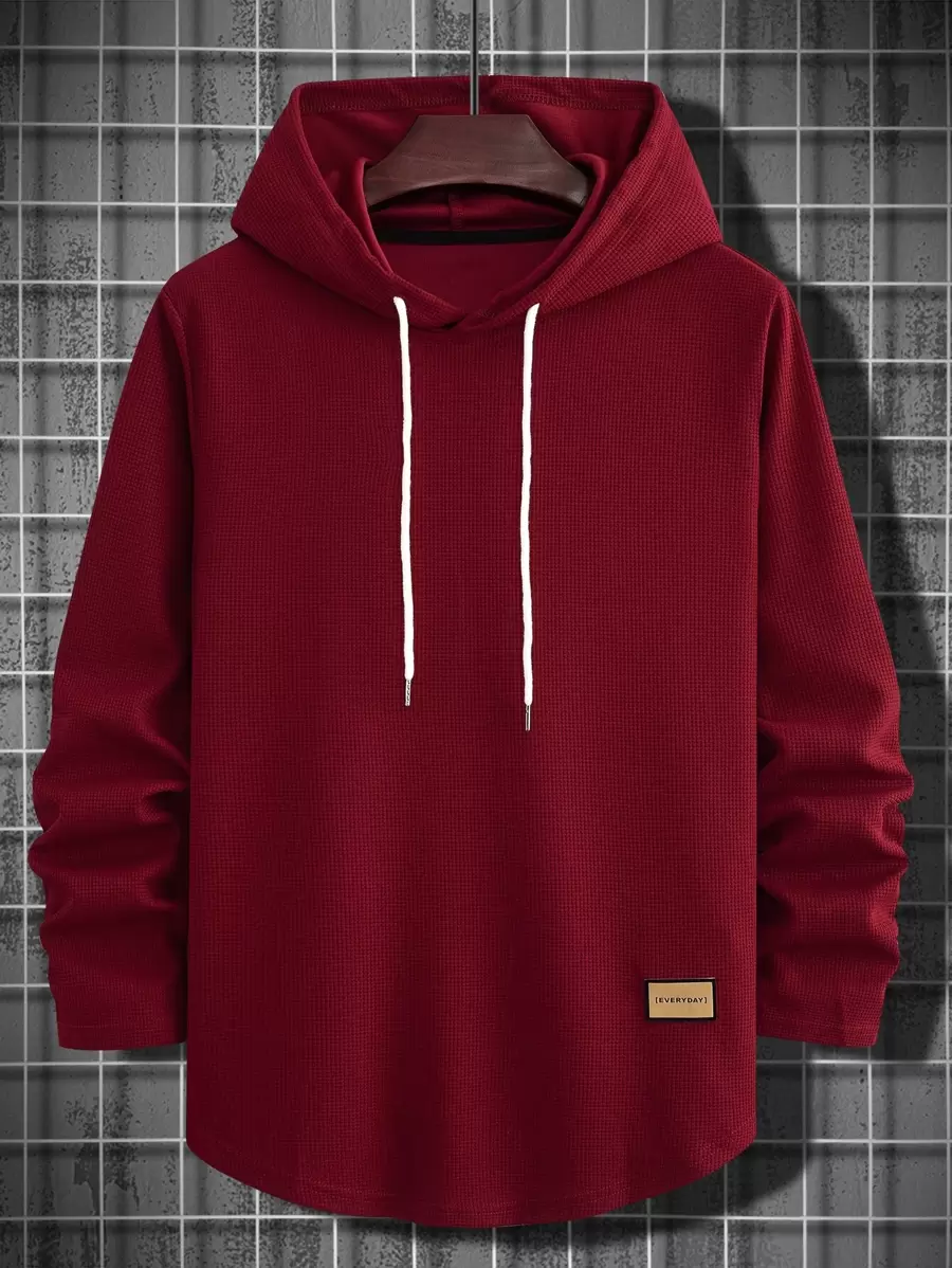 Manfinity 男士字母貼布抽繩連帽衫 - 酒紅色 - 查看 1
