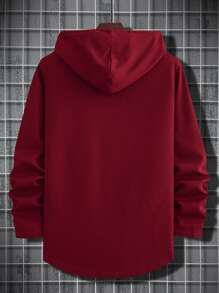 Manfinity 男士字母貼布抽繩連帽衫 - 酒紅色 - 查看 2