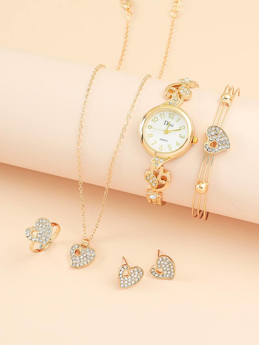 DISU Đồng hồ thạch anh tay tròn 1 mảnh và bộ trang sức 5 món - Vàng - Xem 1