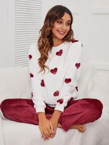 Heart Print Flannelette PJ Set - Maroon - View 1