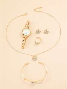 DISU Đồng hồ thạch anh tay tròn 1 mảnh và bộ trang sức 5 món - Vàng - Xem 3