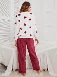 Heart Print Flannelette PJ Set - Maroon - View 2