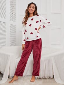 Heart Print Flannelette PJ Set - Maroon - View 3