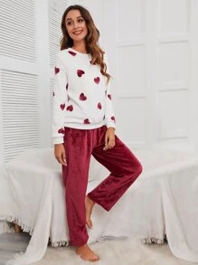 Heart Print Flannelette PJ Set - Maroon - View 5