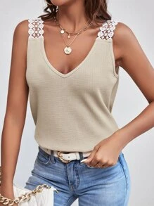 SHEIN Frenchy Guipure Lace Panel Waffle Knit Tank Top Summer Casual - Apricot - View 4