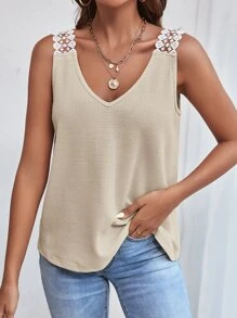 SHEIN Frenchy Guipure Lace Panel Waffle Knit Tank Top Summer Casual - Apricot - View 5