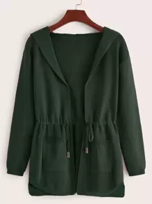 SHEIN LUNE Drawstring Dual Pocket Hooded Cardigan - Dark Green - View 1