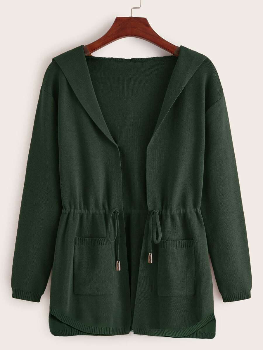 SHEIN LUNE Drawstring Dual Pocket Hooded Cardigan - Dark Green - View 1