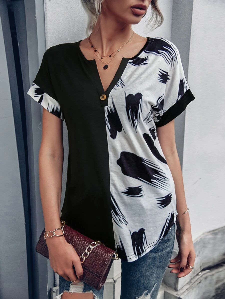 SHEIN LUNE Brush Print Batwing Sleeve Tee - Black and White - View 1