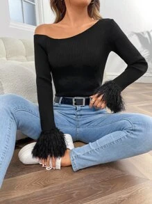 SHEIN Privé Asymmetrical Neck Fuzzy Cuff Ribbed Knit Jumper - Black - View 1