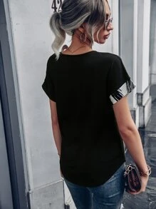 SHEIN LUNE Brush Print Batwing Sleeve Tee - Black and White - View 2